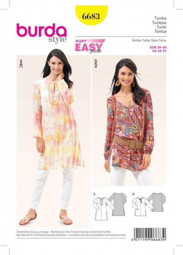 Burda Sewing Pattern 6683 Tops and Tunics For Women, 10 to 22 - Easy