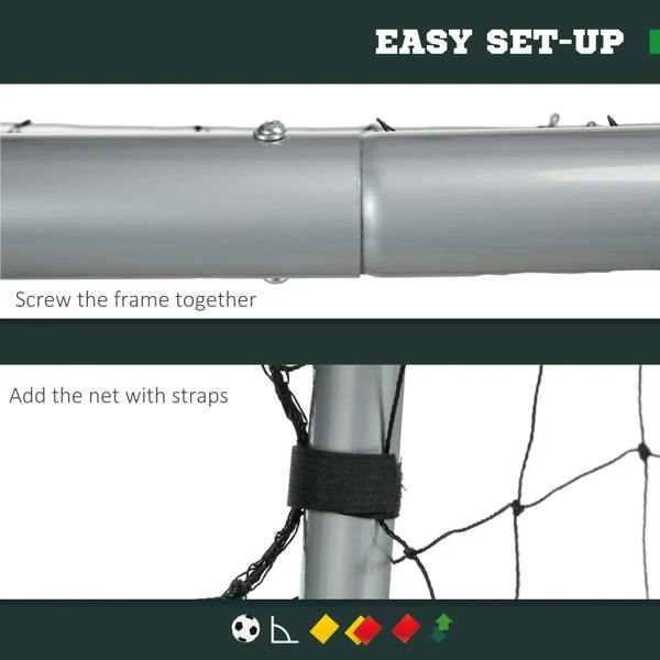Quick-setup football goal frame joint with screw connection and net straps
