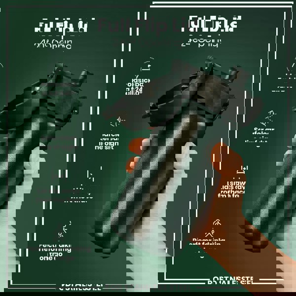 A dark-green stainless steel water bottle with a 240° flip lid is held; the lid folds completely back, away from the face, providing a clear view. The bottle is presented against a dark green background. "Full Flip Lid," "240° Opening," and "POD STAINLESS STEEL" are also visible.