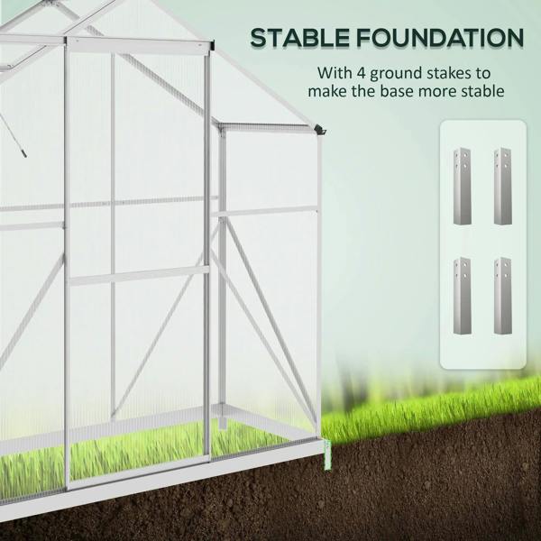 Stable greenhouse foundation with silver base frame and ground stakes