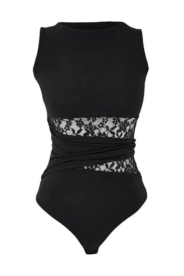 WOVCOR Lace Detail Transparent Knitted Bodysuit
