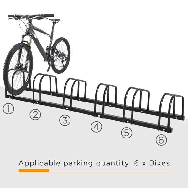 Black bike parking rack with six U-shaped stands holding a bicycle