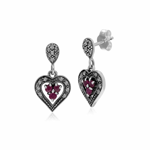 214E616102925 Art Deco Style  Round Ruby & Marcasite Heart Drop Earrings in 925 Sterling Silver 1