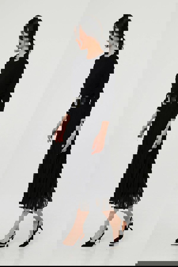 Black | Diamante Buckle Stretch Wide Belt
