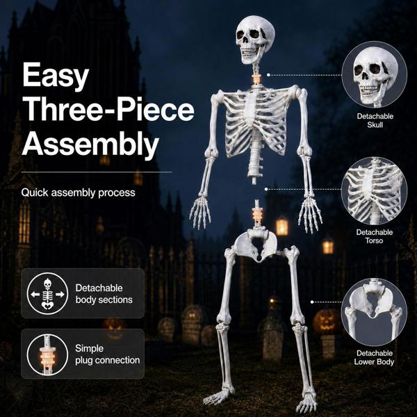Yezi Halloween Skeleton Life Size 185cm Posable Joints Haunted House Patio White