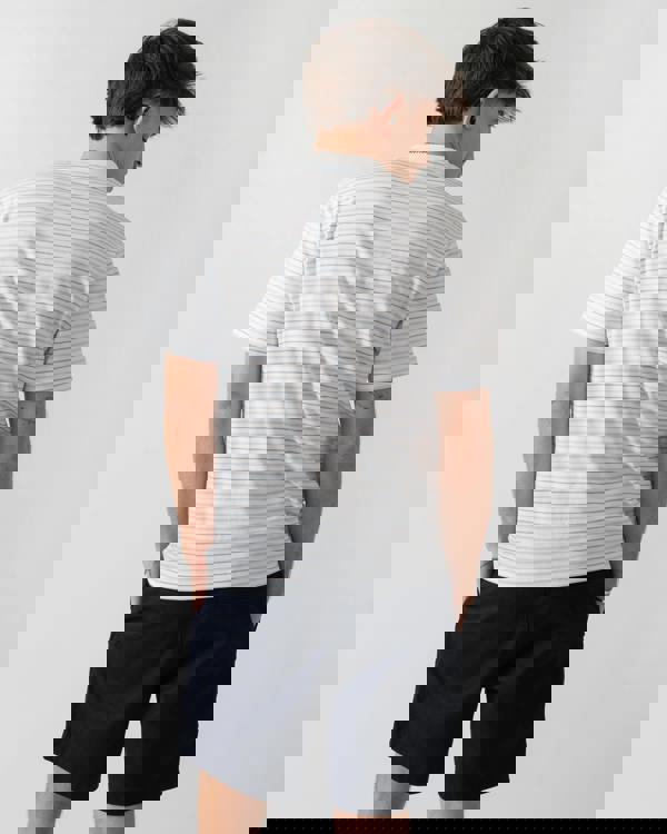 back shot of a model wearing Lacoste Stripe Mens Classic Fit T-Shirt in Phoenix Blue-Flour