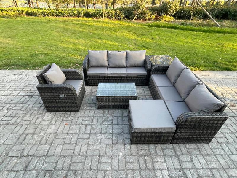 Fimous 8 Seater Rattan Garden Set, Sofa, Patio Table, 3 Seater Sofa, Reclining Chair, 3 Seater Sofa, Big Footstool and Side Table, Dark Grey Mixed