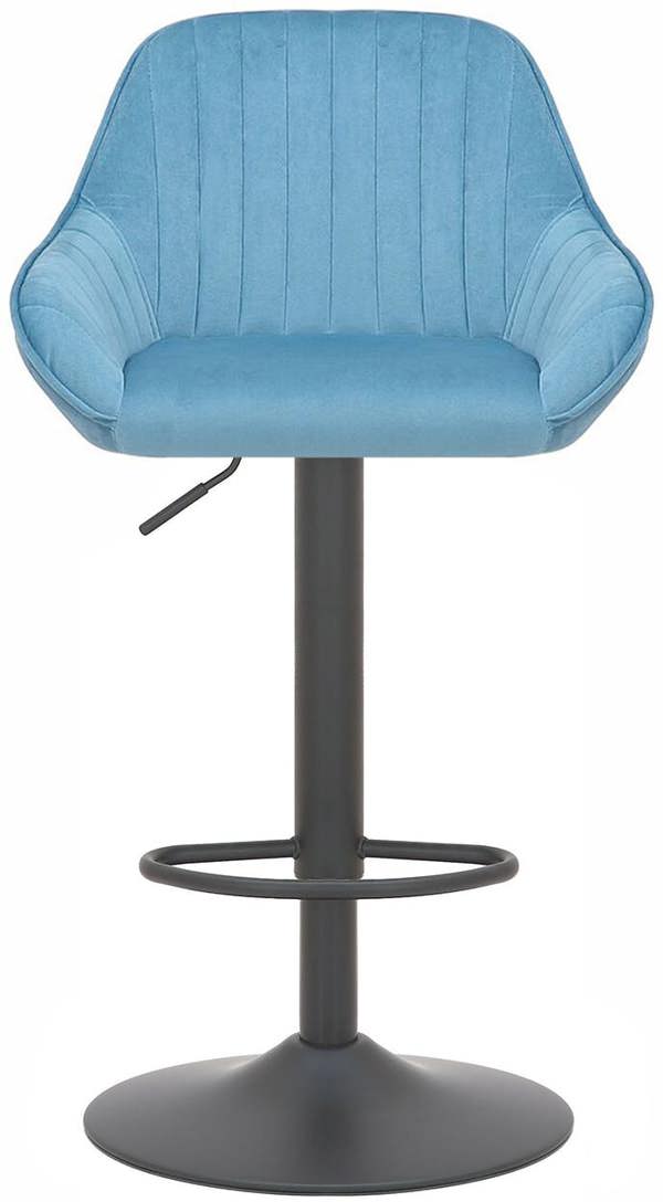 Lamboro Velluto Matt Black Velvet Bar Stool, Padded Seat & Backrest, Matt Black Footrest, Height Adjustable Swivel Gas Lift, Pastel Blue