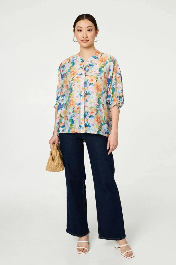 Blue | Floral 3/4 Sleeve Relaxed Button Blouse