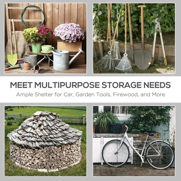 Temporary outdoor equipment shed shown in multiple outdoor storage setups