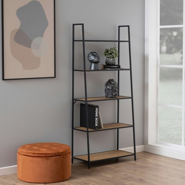Furniture To Go Seaford Black Metal Ladder Bookcase with 5 Oak Shelves