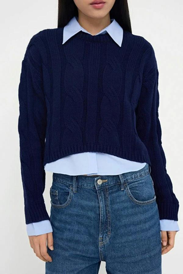 WOVCOR Cropped Knit Sweater with Shirt Panel Detail