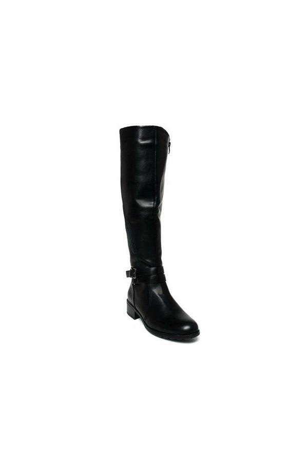 Nina Faux Leather Buckle Knee High Boots - Black