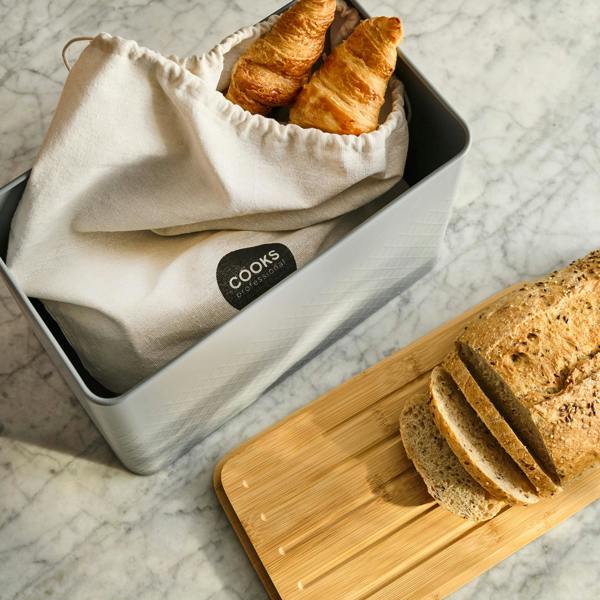 Cooks Professional Embossed Bread Bin, Linen Bag and Bamboo Board Set | Grey