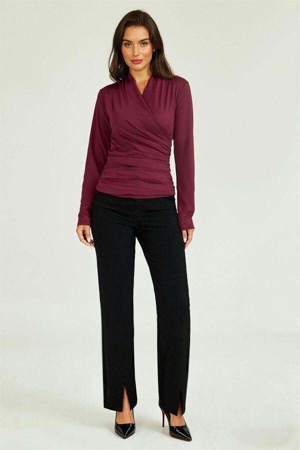 FS Collection Long Sleeve Wrap Neck Ruched Top In Wine