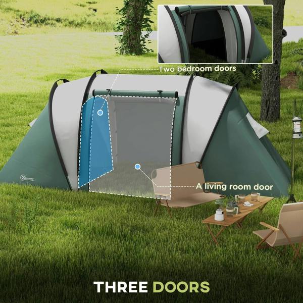 Dark green tent with two bedroom doors and a side living room door opening