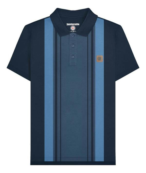 Lambretta Mens Vintage Classic Mod Ska Casual Smart Polo, navy blue polo shirt with blue vertical stripe design and logo patch.
