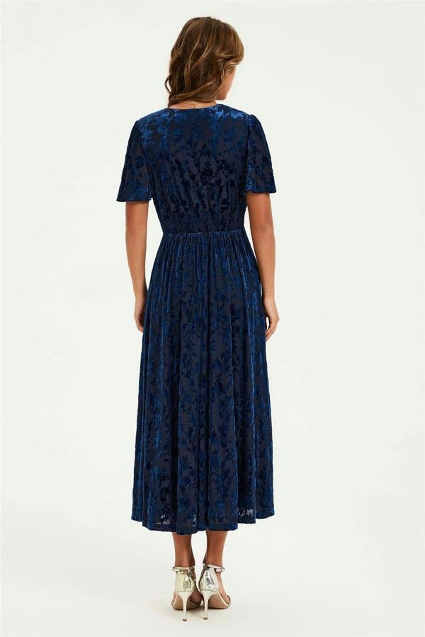 FS Collection Floral Velvet Devore V neckline Dress In Navy