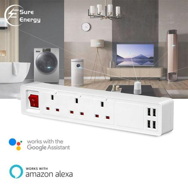 ENER-J Smart WiFi Power Extension Lead, 3 AC Outlets & 4 USB Ports, App Remote Control, Alexa & Google Assistant Compatible