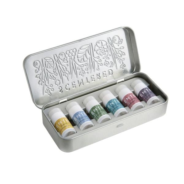 Set of mini balms with different smell inside a silver metal tin on a white background