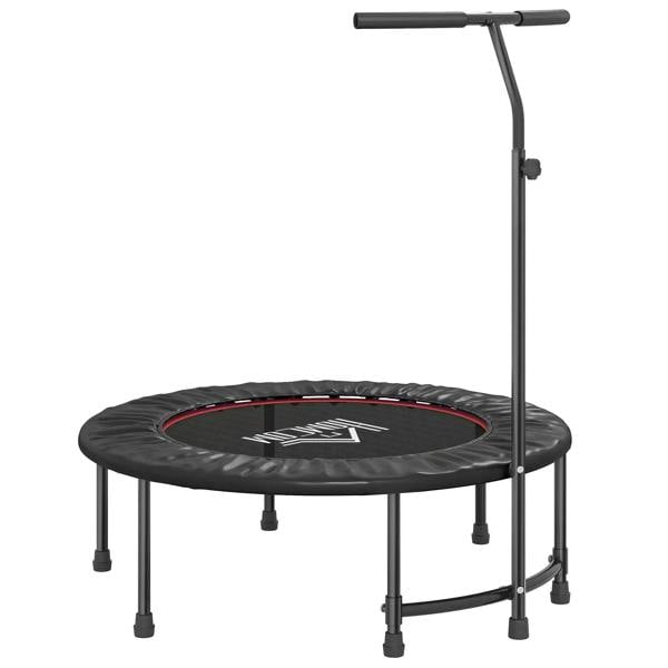 Black round fitness trampoline with adjustable handle and springless bungee cords