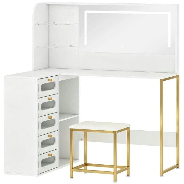Dressing Table with LED Mirror and Stool, L-Shaped Vanity Desk with Drawers and Shelves, White