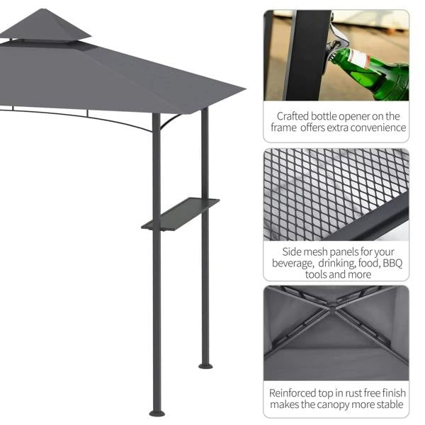 Grey BBQ gazebo canopy with side mesh panels and bottle opener detail on frame