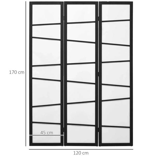 Three-panel room divider with white panels, black frame, shown with width and height marks