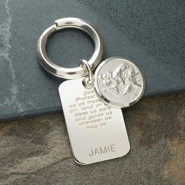 Christopher James of London Sterling Silver Personalised Rectangle St Christopher Keyring With Travellers Prayer