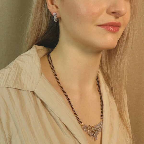 The Colourful Aura Indian Nazaria Silver Floral Zircon Mangalsutra Black Beads Earring and Pendant Necklace