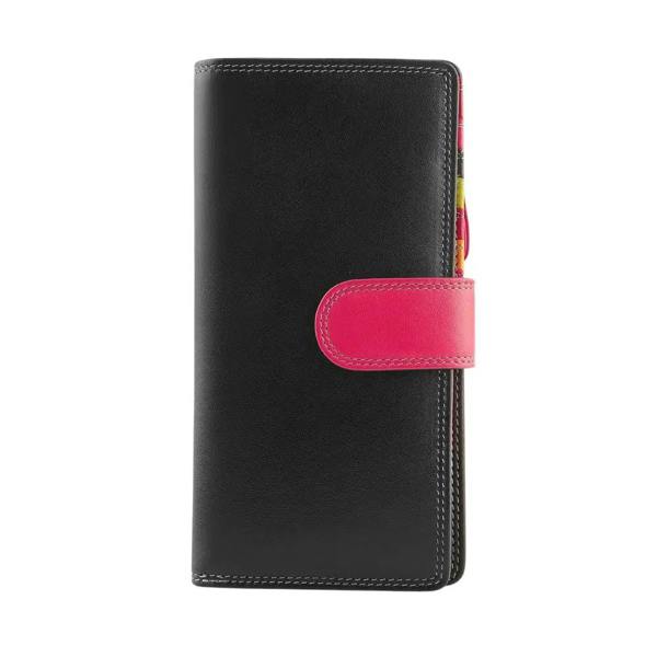Front view of Black wallet with a pink strap on a white background