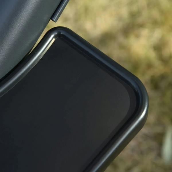 Curved metal base frame corner of the grey two-seat canopy swing chair