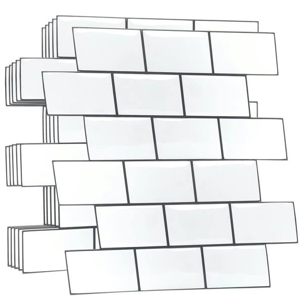 WT3D1803 - Pure White Grey Grout Subway Metro Classic Brick Glossy 3D Tile Sticker 30.5 x 15.4cm (12 x 6 in) - 20pcs in a pack