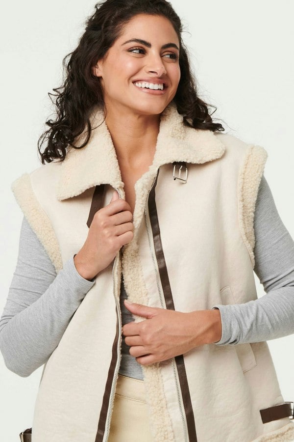 Ivory | Faux Suede Fur Lined Sleeveless Gilet
