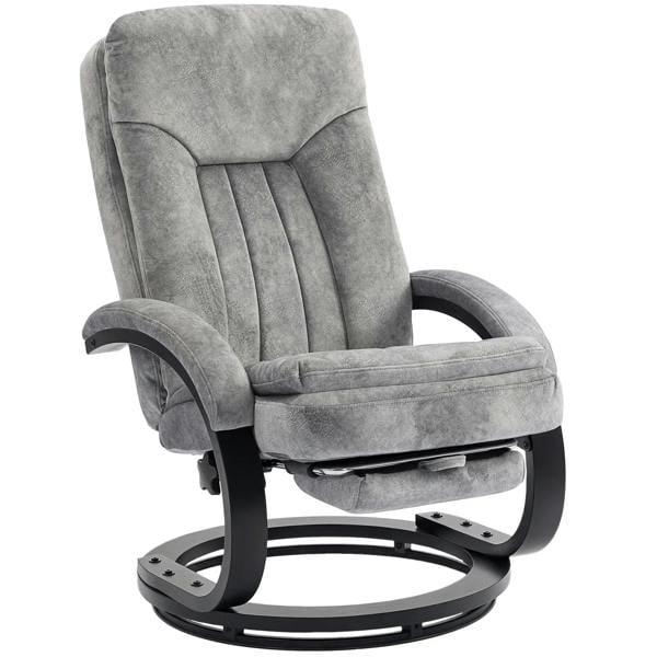 Grey plush velvet swivel recliner chair with footrest and curved armrests, padded back.