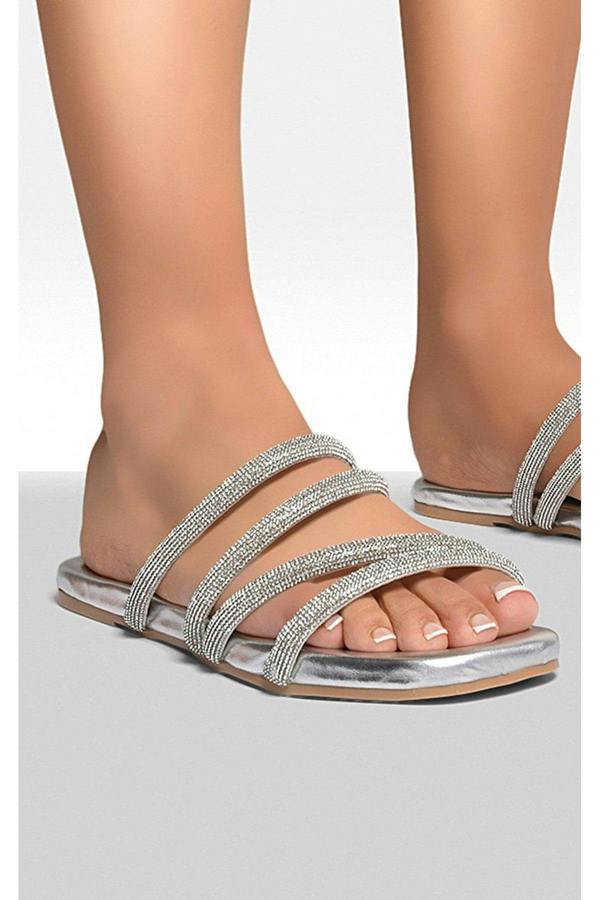 Reya Embellished Asymmetrical Strap Flat Sandals - Silver