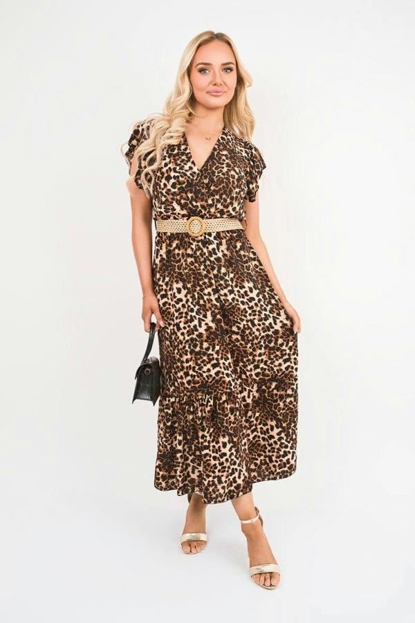 Kareen V Neck Short Sleeve Tiered Midi Dress With Belt - Leopard