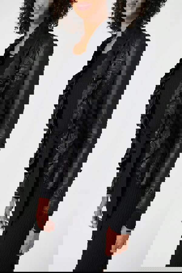 Black | Frilled Front Faux Leather Jacket