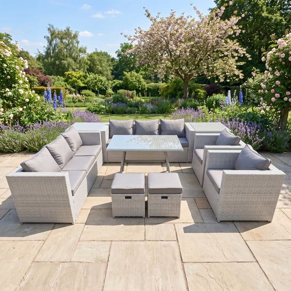 Fimous 10 Seater Rattan Garden Furniture Set with Rectangular Dining Table, 2 Sofas, 2 Chairs, 2 Stools, 2 Side Tables - Light Grey
