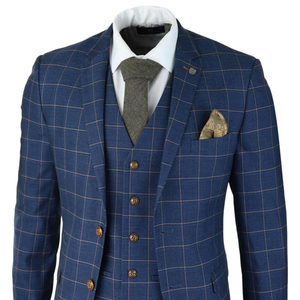 Paul Andrew Mens 3 Piece Suit Blue Gold Check Peaky Blinders 1920 Gatsby Smart Vintage Suit