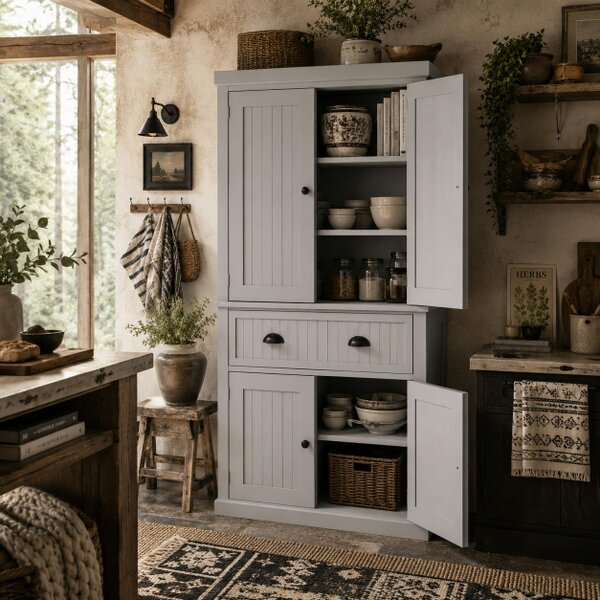 Wyld Haus Somoel 183cm Wooden Grey Mid Century Panelled Storage Kitchen Cabinet Pantry