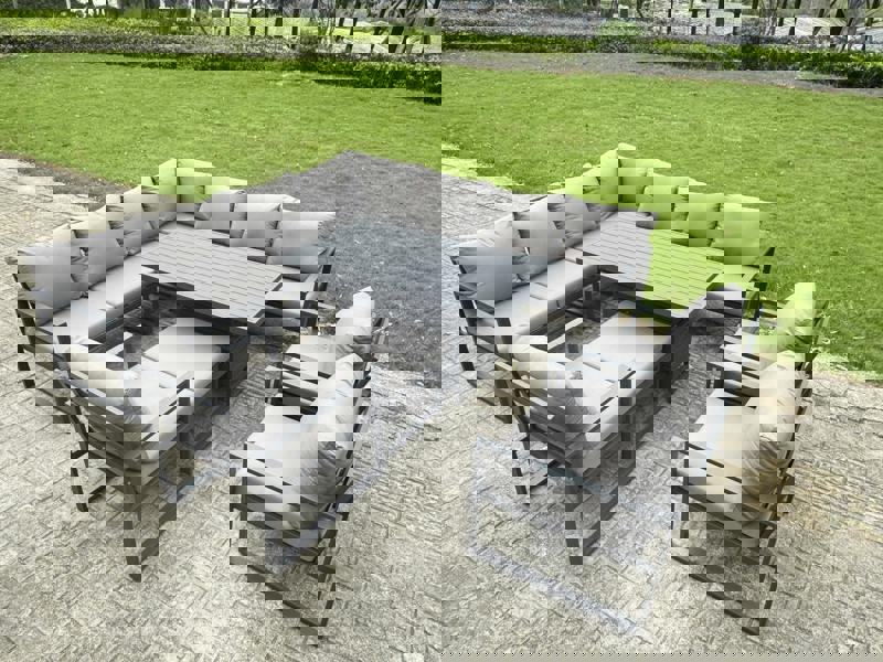 Fimous 11 Seater Aluminium Outdoor Garden Furniture Set with Corner Sofa, Rising Dining Table, Footstool & 3 Chairs - Grey