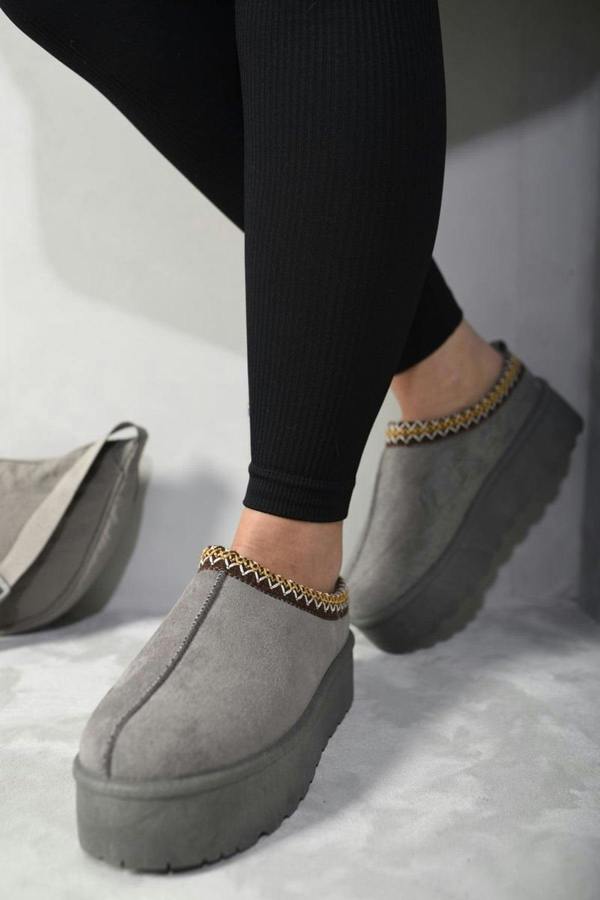 Jolene Aztec Detail Low Ankle Platform Slipper Boots - Grey