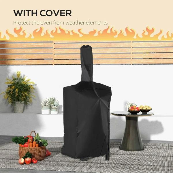 Black charcoal pizza oven grill with protective cover over chimney and body