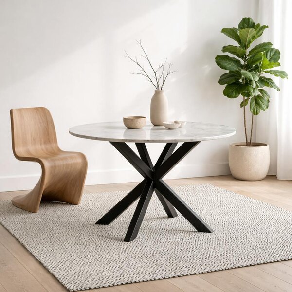 Wyld Haus Perth 110cm White Polished Marble Round Dining Table Industrial Black Metal Legs