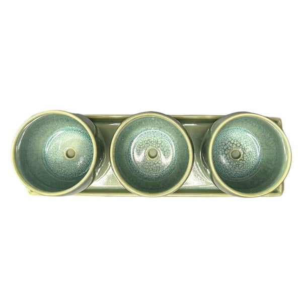 Scandi Home Set of 3 Green Reactive Glazed Ceramic Planters with Tray