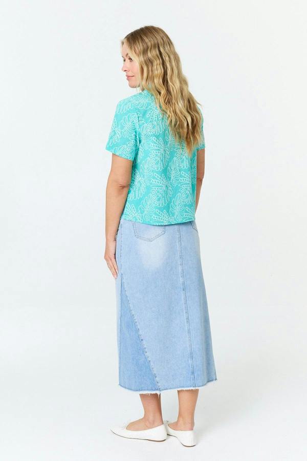Blue | Leaf Print Textured Short Sleeve Shirt