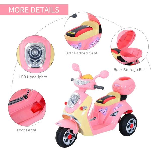 Pink ride-on motorcycle toy with LED headlights, soft padded seat, and foot pedal
