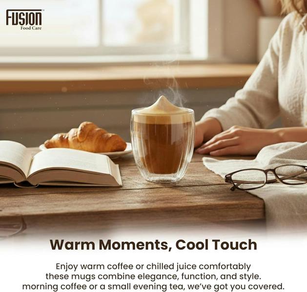 Fusion Food Care Double Walled Glass Coffee Mugs 2x350ml - Coffee Glass Cups for Hot & Cold Drinks - Striped Latte Mugs