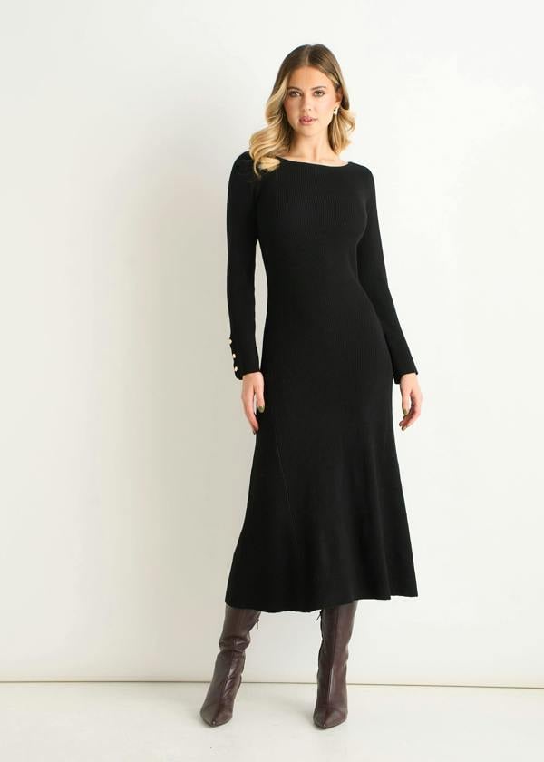 Gini London Black Slash Neck Knitted Fit & Flare Dress
